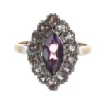 Attractive 9ct marquise amethyst and diamond cluster ring, 18mm x 13mm, 7.3gm, ring size M/N