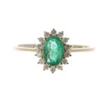 Emerald and diamond oval cluster ring, the emerald 0.75ct approx, 9k yellow gold, table 11mm x