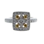 Fancy 18k white gold yellow and white diamond dress ring with set shoulders, width 11.5, 6.7gm, ring