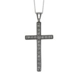 White gold diamond cross pendant on a slender 24" necklace, 6.3gm, the pendant 51mm x 24mm