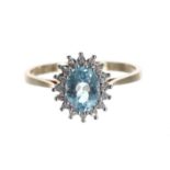 Blue topaz and diamond 9ct oval cluster ring, 13mm x 11mm, 3.1gm, ring size T