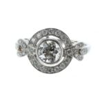 Art Deco style platinum diamond cluster ring, the centre round brilliant-cut diamond 0.75ct