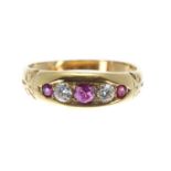 Victorian 15ct yellow gold ruby and diamond gypsy ring, width 7mm, 3.4gm, ring size O