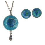 Arts & Crafts silver and blue enamel round drop necklace and earrings by James Fenton, hallmarked