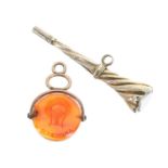 Georgian gold revolving carnelian intaglio fob pendant, 3.9gm, 29mm; together with a 19th century