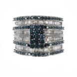Fancy blue and white treated diamond 9ct white gold band ring, with mixed-cuts, 6gm, band width