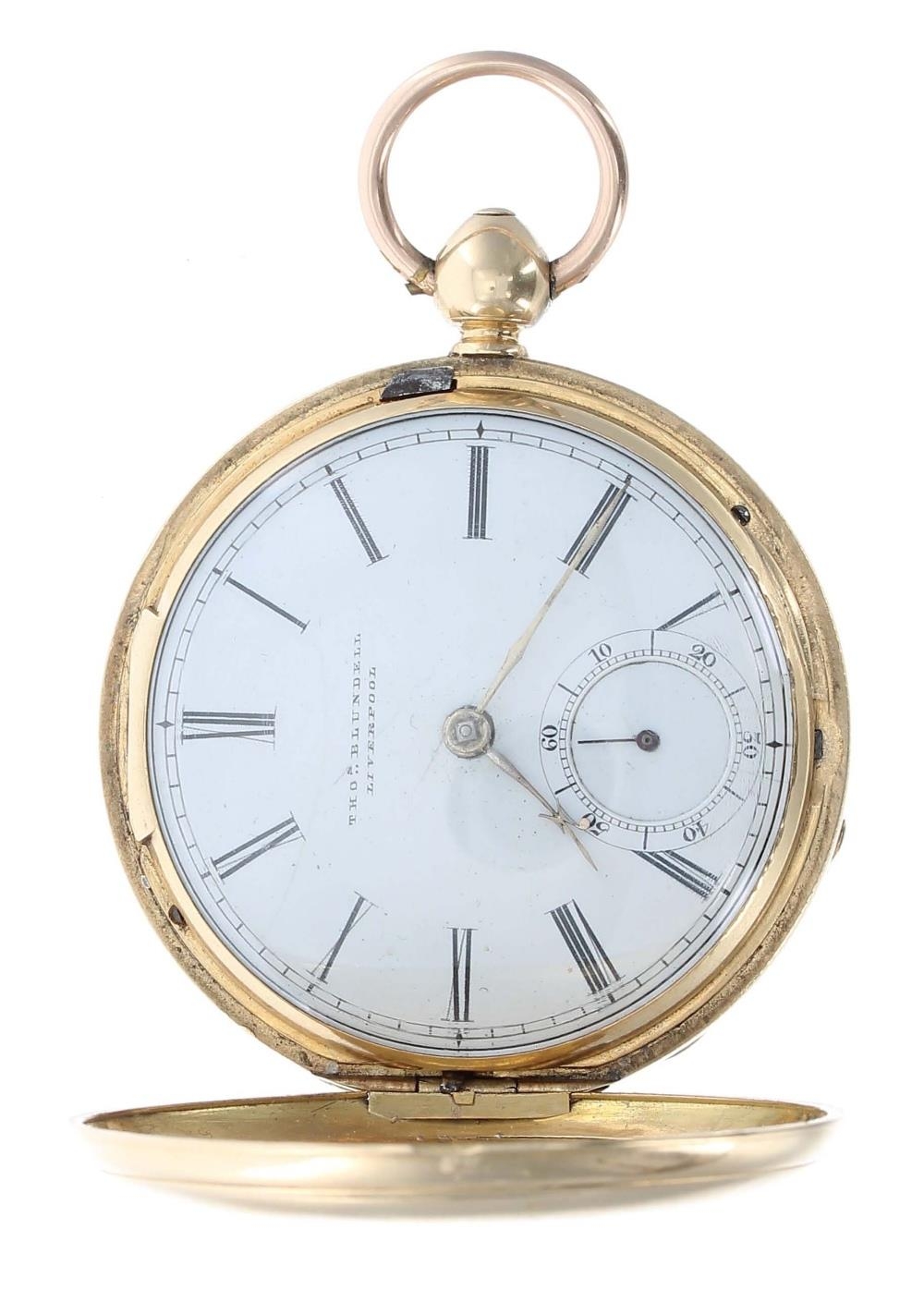 19th century 18k fusee lever hunter pocket watch, the movement signed Thos Blundell, Liverpool,