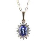 Attractive 9ct tanzanite and diamond oval pendant on necklace, the tanzanite 0.75ct approx, 1.2gm,