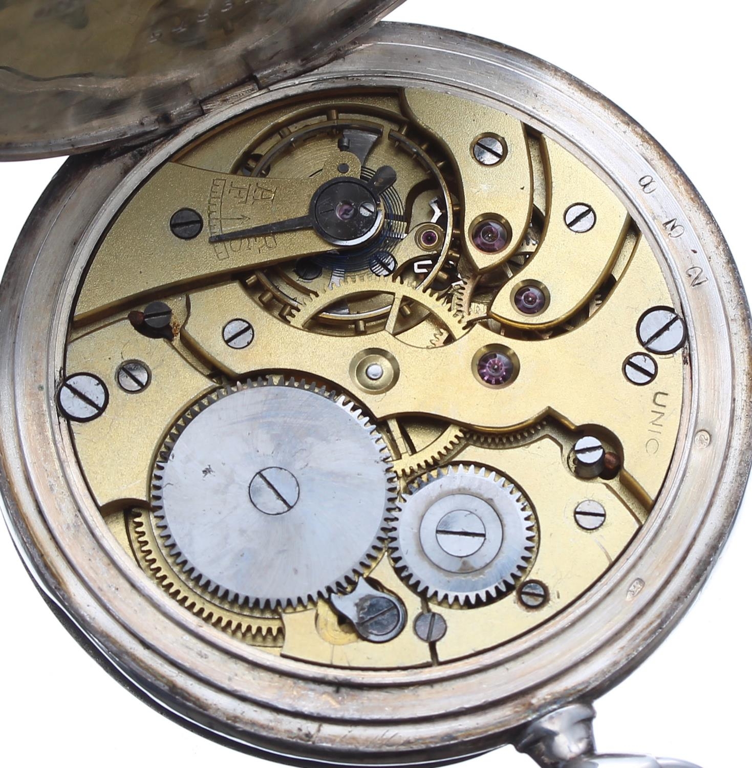 Unic silver (0.900) lever hunter pocket watch, signed movement with compensated balance and - Image 4 of 4