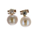 Pair of yellow gold pearl and diamond earrings, old mine-cut, the pearls 7.8mm, 3.1gm in total, 12mm