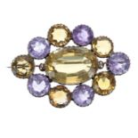 Large gold mounted amethyst and citrine brooch, 28.4gm, 43mm x 62mm