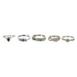Five 9ct stone set dress rings including diamond set examples, 9.7gm (5)