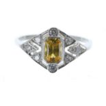 Fancy Art Deco style platinum yellow sapphire and diamond dress ring, the sapphire 0.75ct approx,