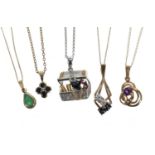 Five assorted gold stone set pendants on necklets, 9.8gm in total (one necklet is plated)
