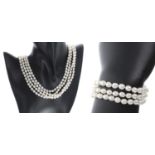 Cultured pearl and 14k four-strand necklace and matching bracelet, the pearls 6mm approx, the