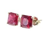 Pair of modern 9k asscher-cut ruby stud earrings, each 0.70ct approx in total, 1gm, 6mm