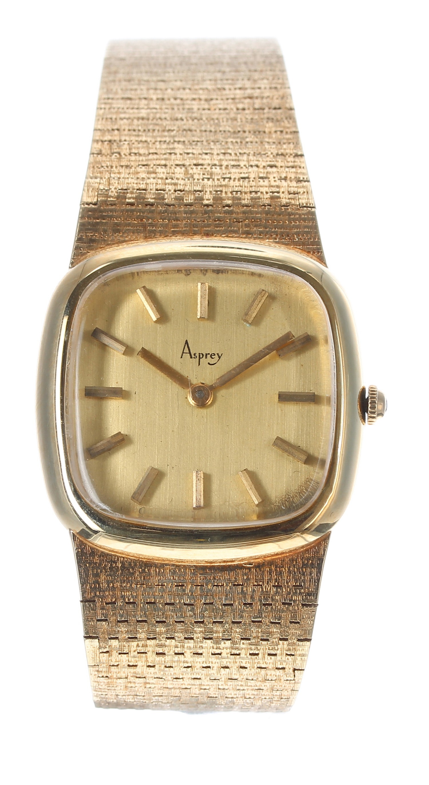 Asprey 9ct gentleman's bracelet wristwatch, import hallmarks for London 1974, signed champagne