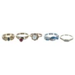 Five 9ct stone set dress rings including diamond set examples, 12.2gm (5)