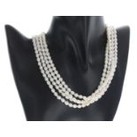 Cultured pearl four strand necklace with a 14k yellow gold clasp, 69.6gm, the pearls 6mm, 16" long