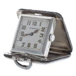 Art Deco Eterna silver leather bound square folding purse watch, signed square silvered dial with