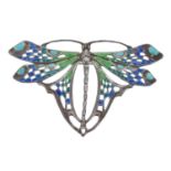 Arts & Crafts silver and enamel butterfly brooch, maker 'AM or AN?', 17.8gm, 85mm  x 54mm