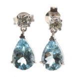Good pair of 18k modern white gold aquamarine and diamond drop earrings, the aquamarines estimated