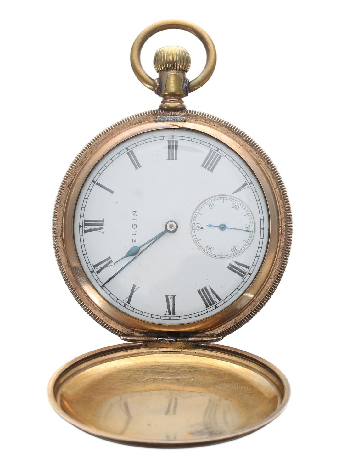 Elgin gold plated lever hunter pocket watch, circa 1909, signed gilt frosted 7 jewel movement with