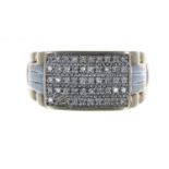 9ct bicolour gentleman's diamond set tablet ring, width 12mm, 5.3gm, ring size V