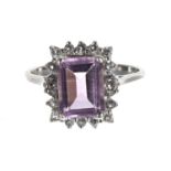 9ct white gold amethyst and diamond rectangular dress cluster ring, 13mm x 12mm, 3.2gm, ring size N