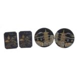 Two pairs of Japanese damascene sterling silver and gold cufflinks, each depicting traditional