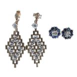 Pair of 9ct white gold sapphire and diamond stud earrings, 2.2gm, 9mm, boxed; also a pair of 9ct
