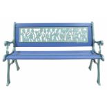 Painted cast metal and wooden garden bench, the back with a pierced tulip panel, 50" wide
