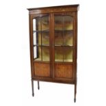 Edwardian mahogany inlaid and painted display cabinet painted with floral harebell garlands with two