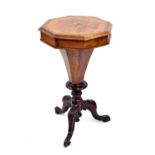 Victorian walnut inlaid octagonal work trumpet table, the hinged top enclosing a divided interior