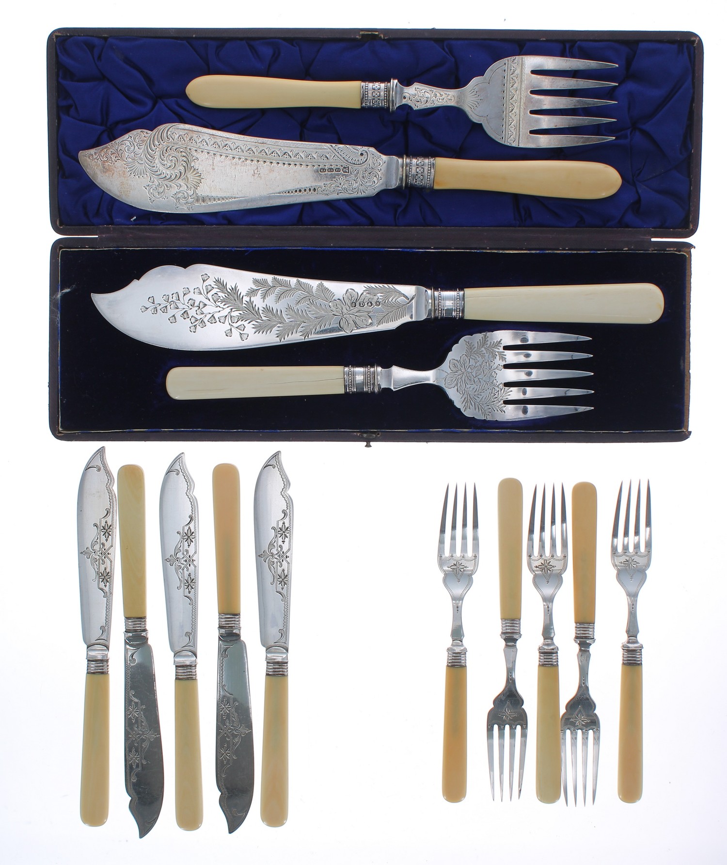 James Dixon & Sons cased silver plated fish serving set, knife 13" long; together with selected