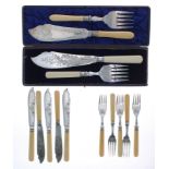 James Dixon & Sons cased silver plated fish serving set, knife 13" long; together with selected
