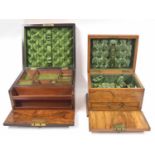 Two Victorian walnut jewellery boxes, each with hinged covers over a fall front enclosing fitted