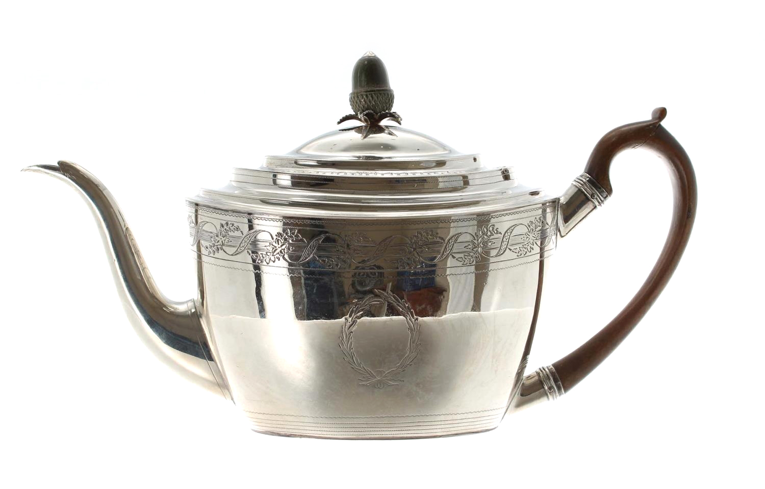 George III silver teapot, with hardwood handle and acorn finial, the body with engraved foliate