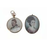 19th century oval gold mounted miniature pendant, inset with a portrait of a young lady,