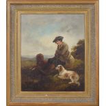 John Joseph Barker of Bath (1824-1904) - young gamekeeper with two dogs in a moorland landscape,
