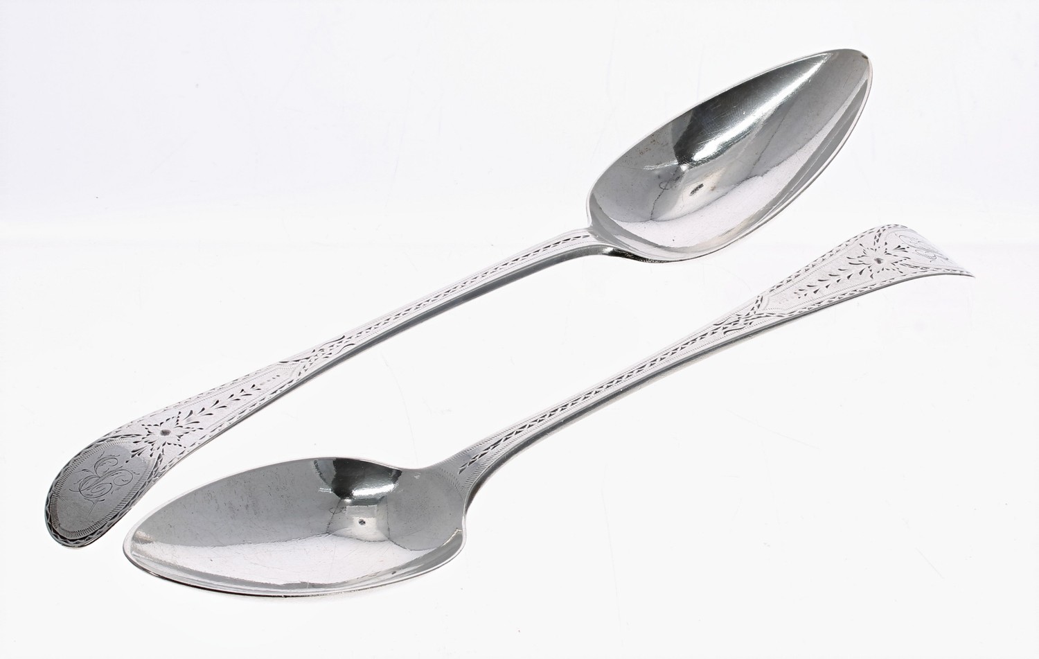 Pair of George III silver table spoons, with bright cut handles initialled B, further marked H*D - Image 2 of 3