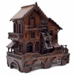 Black forest type carved watermill automaton, mechanical movement, 12.5" wide, 7" deep, 13" high (