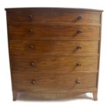 Good large Regency mahogany bowfront chest, with five graduated long drawers over a shaped apron and