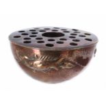 Newlyn copper rose bowl, hammered and repousse decorated with fish, stamped Newlyn, 5.5" diameter,