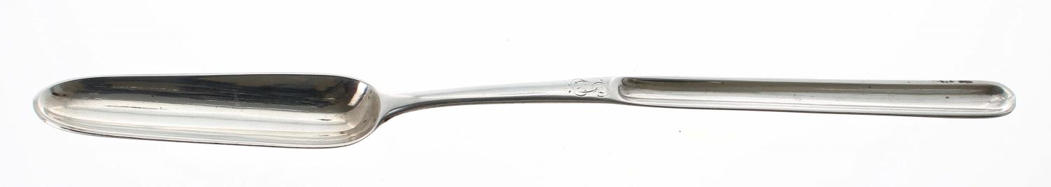 George III silver marrow scoop, with double scoop, monogrammed to the handle, 9" long, maker Stephen