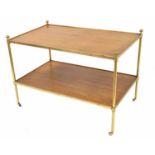 Decorative mahogany and brass two-tier rectangular coffee table, with cylindrical supports mounted