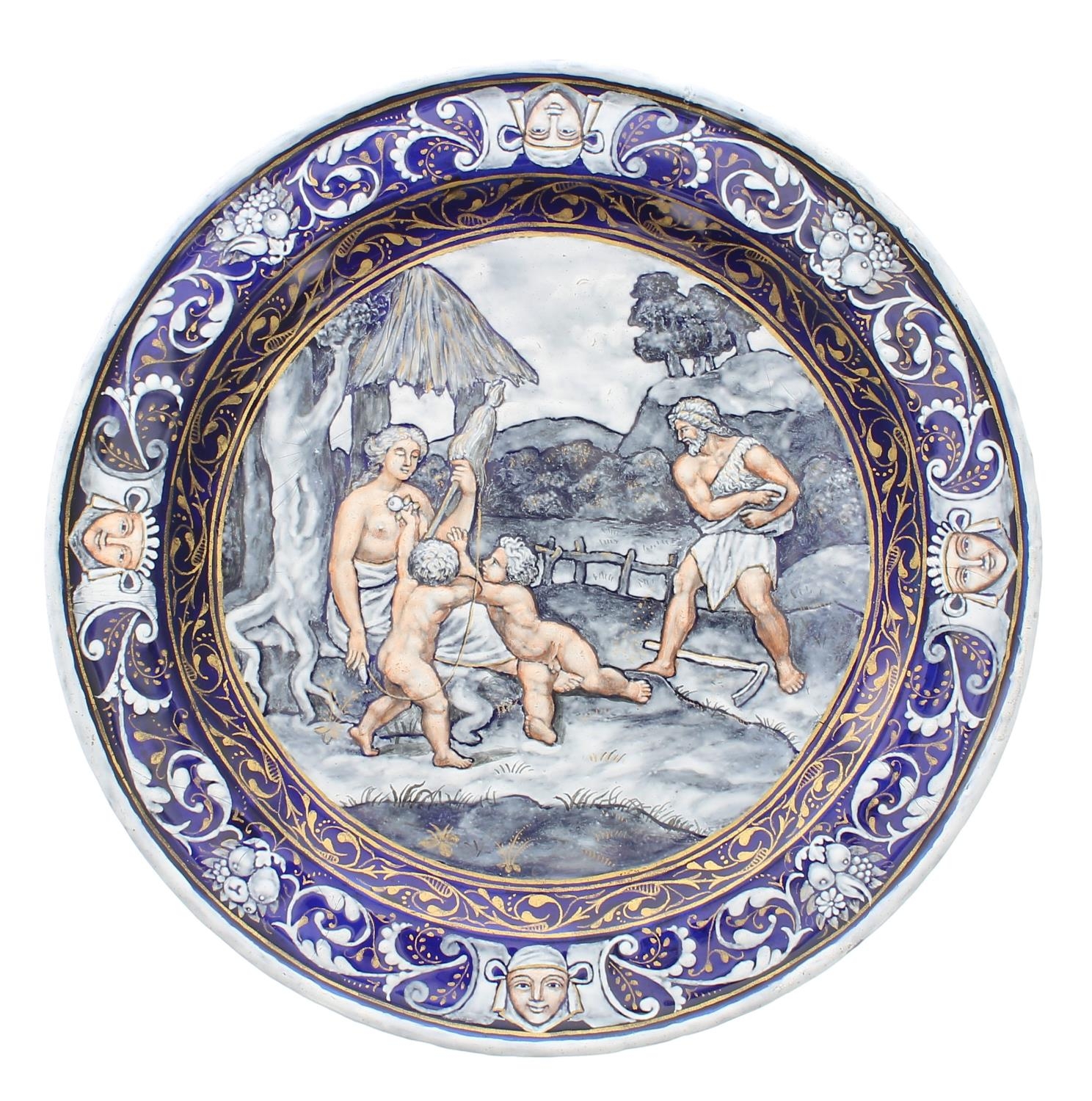 Limoges circular enamel plate in the style of  the style of Pierre Reymond, depicting a classical