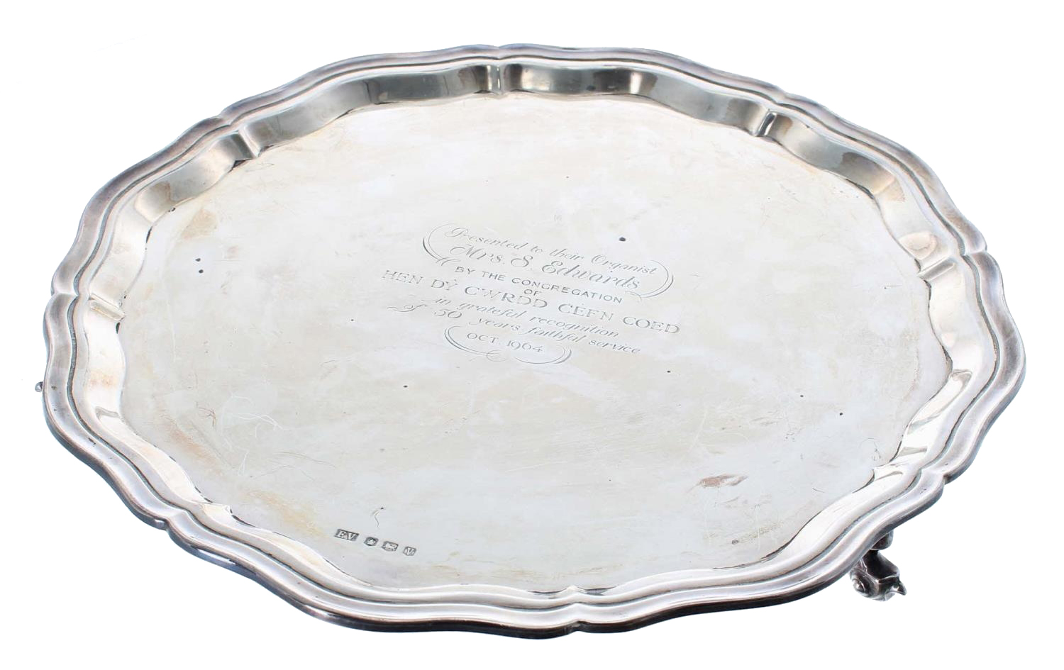 Viner's Ltd. circular silver salver, with moulded shaped rim, raised on three scroll feet, Sheffield