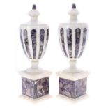 Pair of Neo-Classical style Amethyst quartz and white marble urns, 15" high (2)