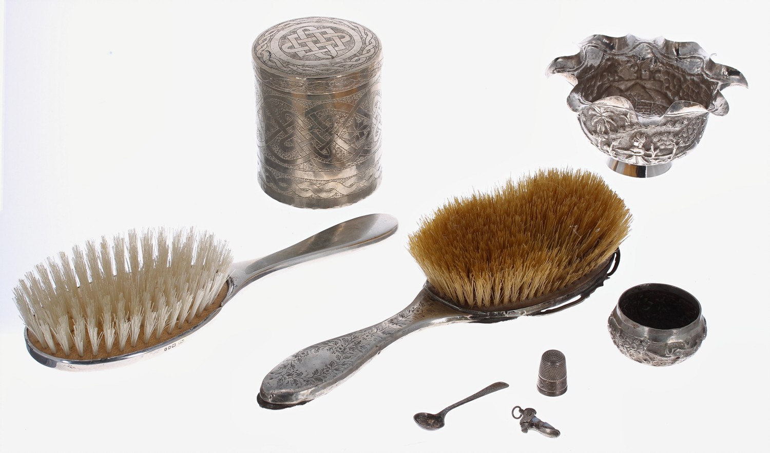 Miscellaneous selection of silver and white metal items to include a thimble, miniature boot